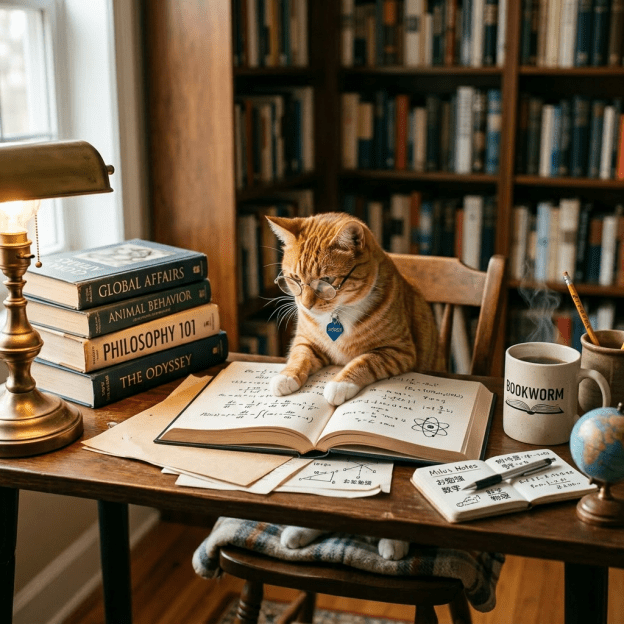 Orange tabby cat wearing glasses reading scientific equations in an open book on a wooden desk